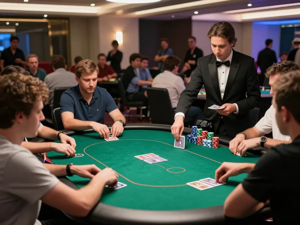 23WIN poker players strategizing at an upscale casino table with cards and chips