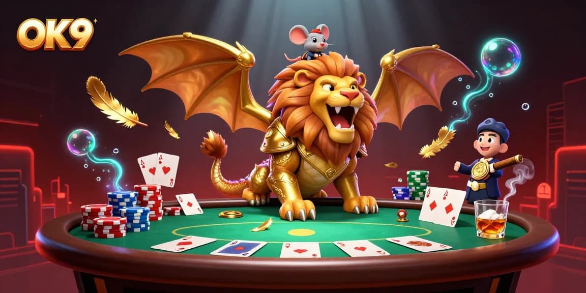Experience thrilling action at OK9 with a golden chimera and poker elements in this lively casino scene.