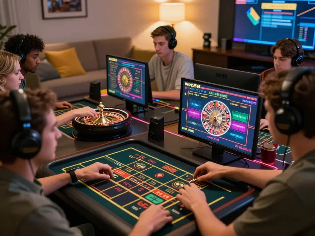 Net88 players eagerly placing bets while enjoying an online roulette game in a cozy home setting