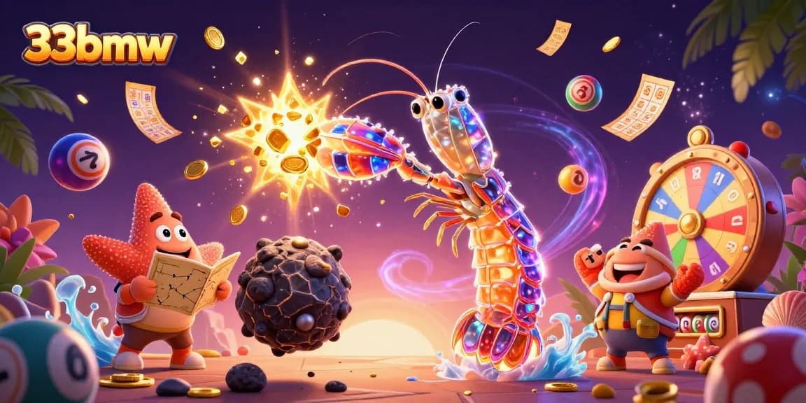 33bmw's 3D cartoon mantis shrimp smashing asteroids, surrounded by vibrant lottery elements.