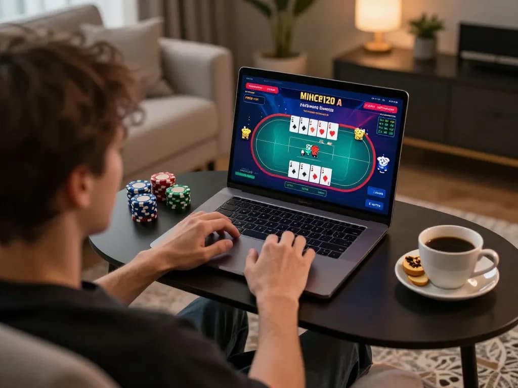 Engaged player enjoying online casino games at nhà cái xin88 on a modern laptop in a cozy home environment