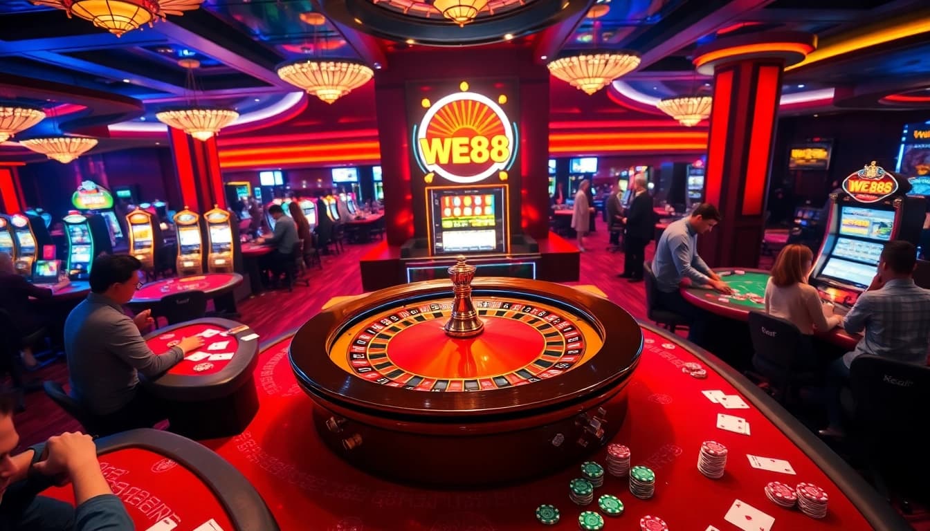 Engaging WE88 casino atmosphere showcasing vibrant gaming excitement with roulette and slot machines.
