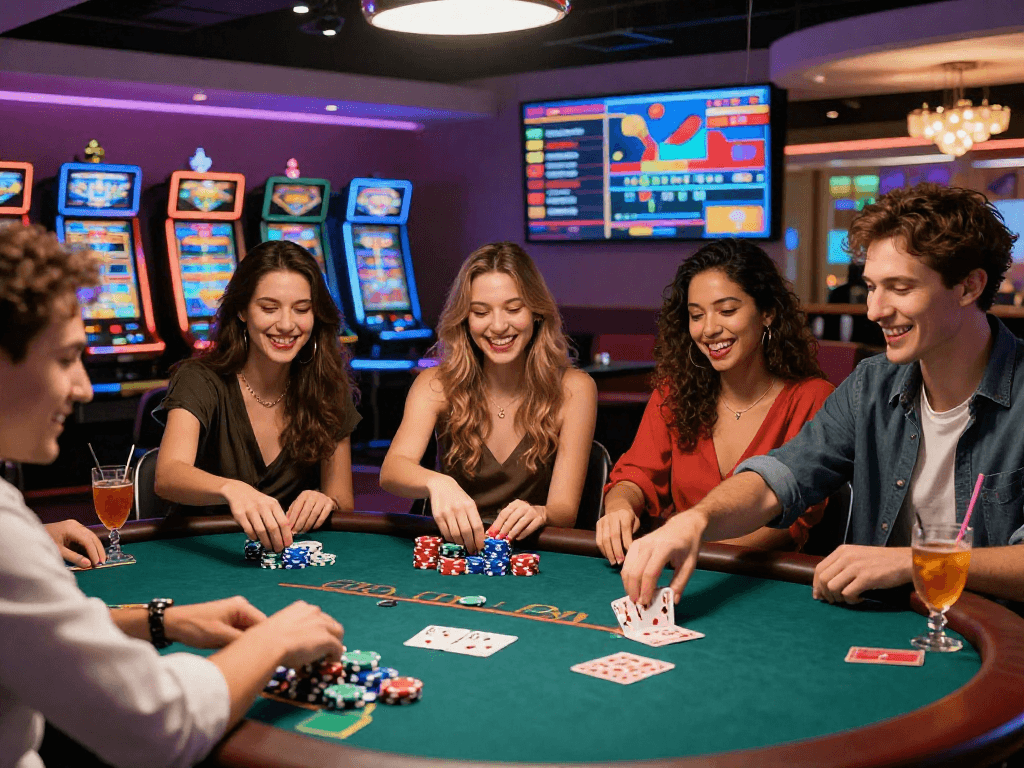 KOMBET168 players enjoying thrilling moments at a lively casino table.