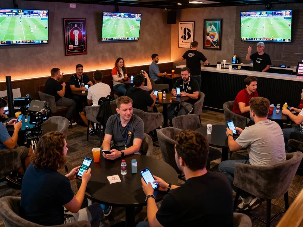 SBOBET users engaging in live betting on mobile devices while watching sports in a lively lounge atmosphere.