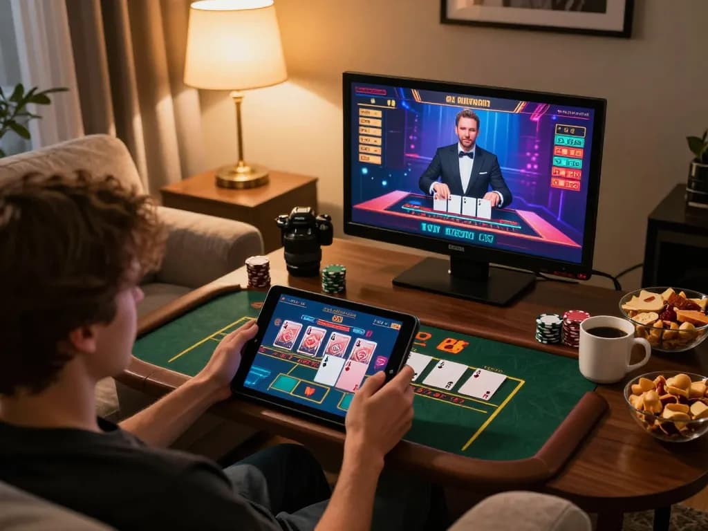 Player engaging in gi8 online casino blackjack on a cozy home sofa, tablet screen showing cards.