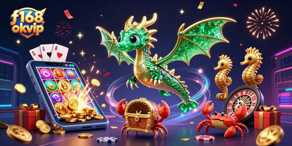 Win big at f168 okvip with colorful slots and exciting casino games in this vibrant 3D illustration.