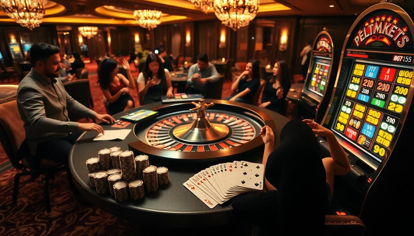 Excitement in a high-stakes casino featuring the 7M gaming experience with roulette and poker action.