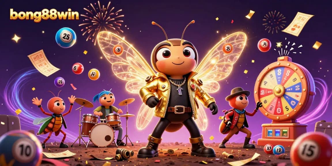 Bong88win inspires excitement with a vibrant 3D casino scene featuring a cicada rock star, animated lottery elements, and festive energy.