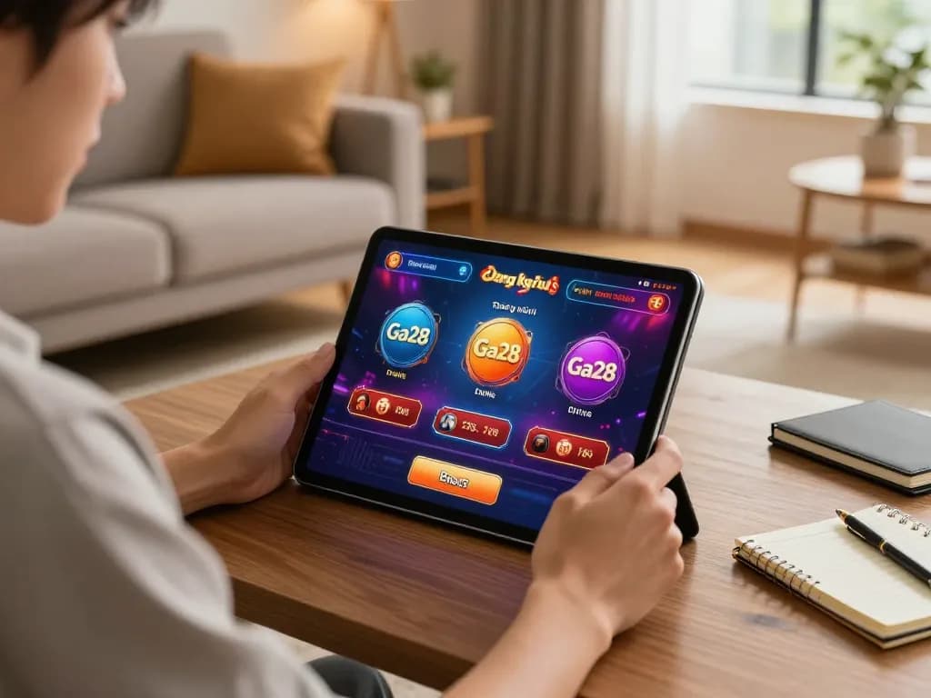 Engaging in Đăng ký Ga28 online gaming session at home with vibrant tablet interface.