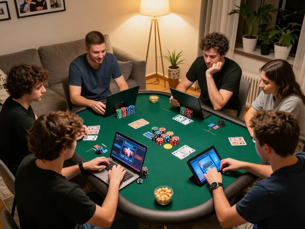 MM88 players enjoying an interactive online poker game at home, highlighting strategy and camaraderie.