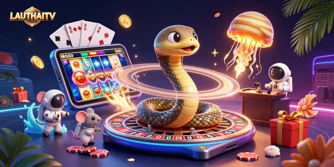 Bet on odds with LAUTHAITV: A vibrant scene featuring a Saturn ring snake as a roulette wheel.