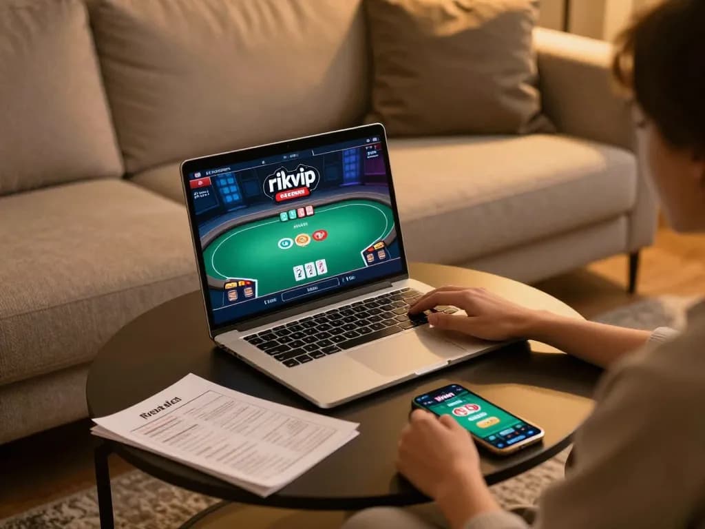 Enjoying an online poker game on rikvip with laptop and gambling strategy notes.