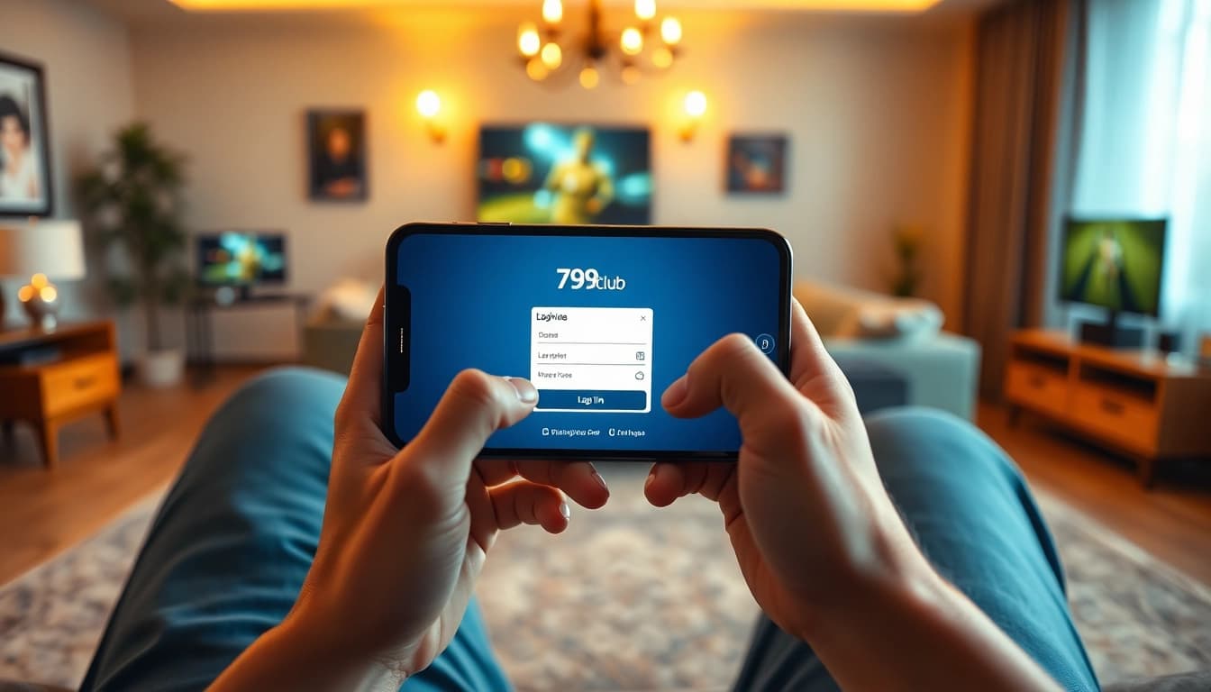 789Club đăng nhập interface shown on smartphone in a cozy living room.