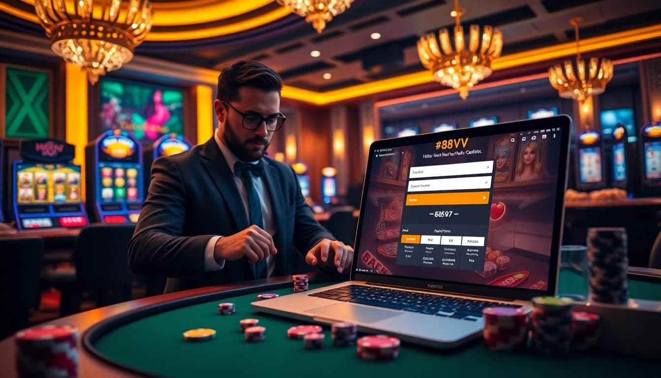 Engaging in online gambling at 88VV with vibrant casino elements and registration excitement.