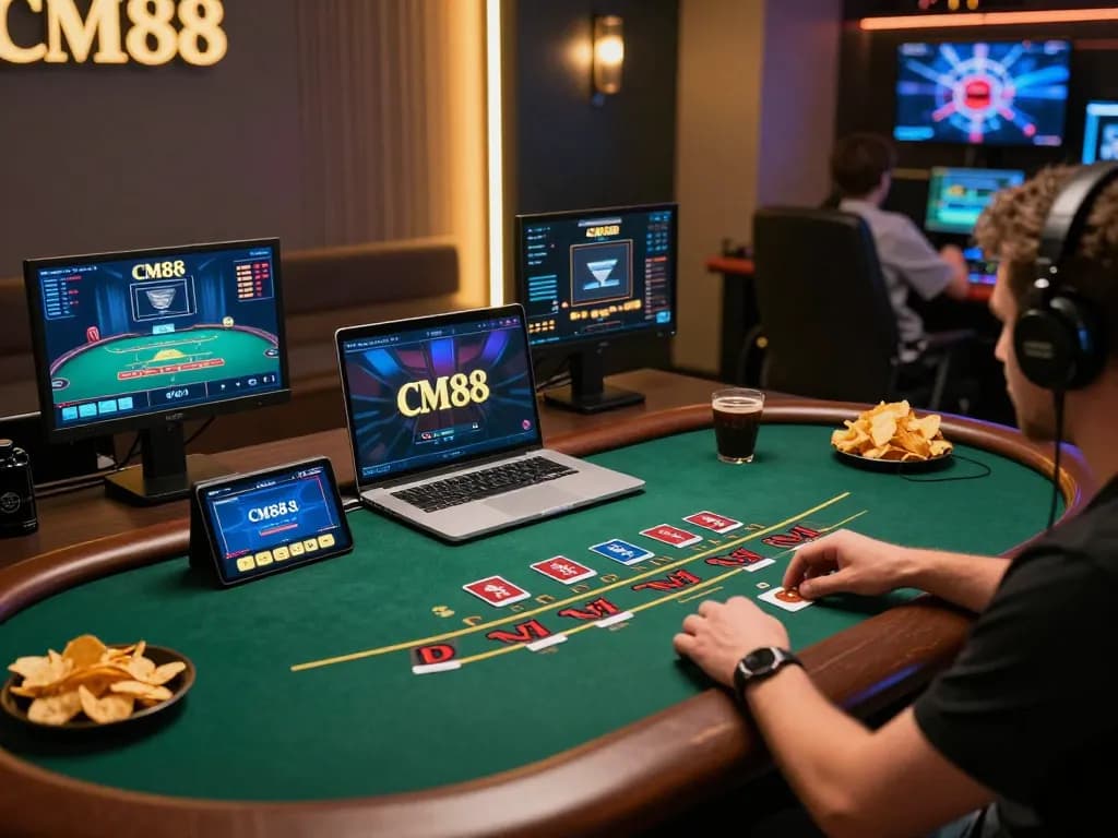Engaged player enjoying live dealer blackjack on cm88-bet with a cozy setup and modern tech.