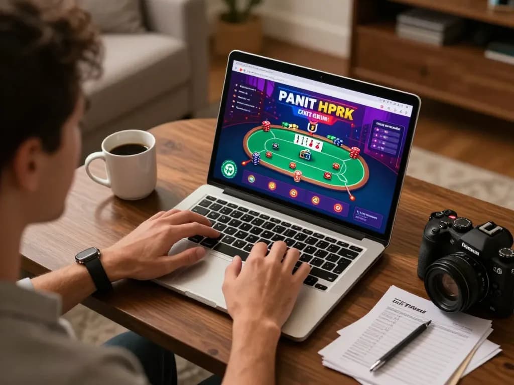 Player enjoying JUN88 online poker game on a sleek laptop with vibrant graphics.