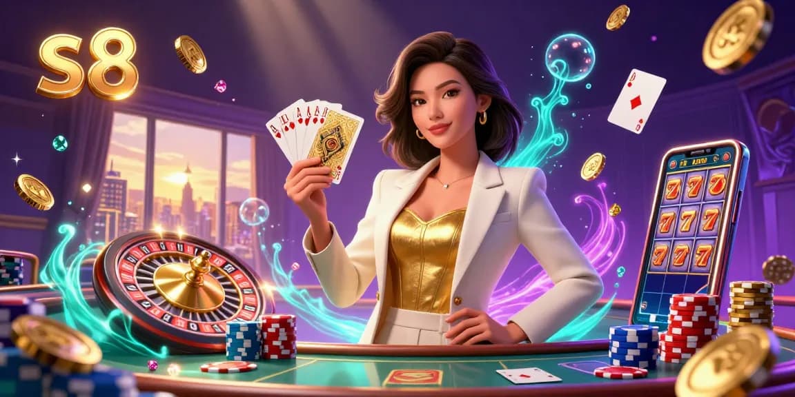 s8 offers a thrilling poker experience with an elegant Asian woman showcasing her skills in this dynamic casino illustration.