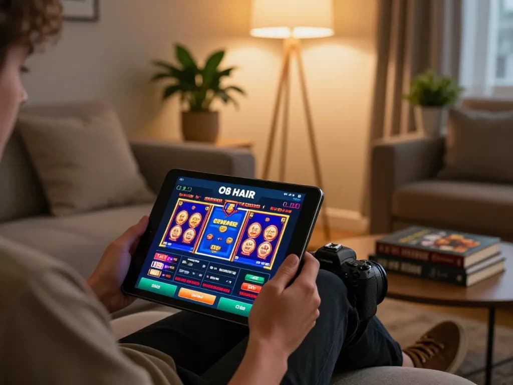 Player engaging with the O8 HAIR casino app on a tablet, showcasing vibrant slot games in a cozy home setting.