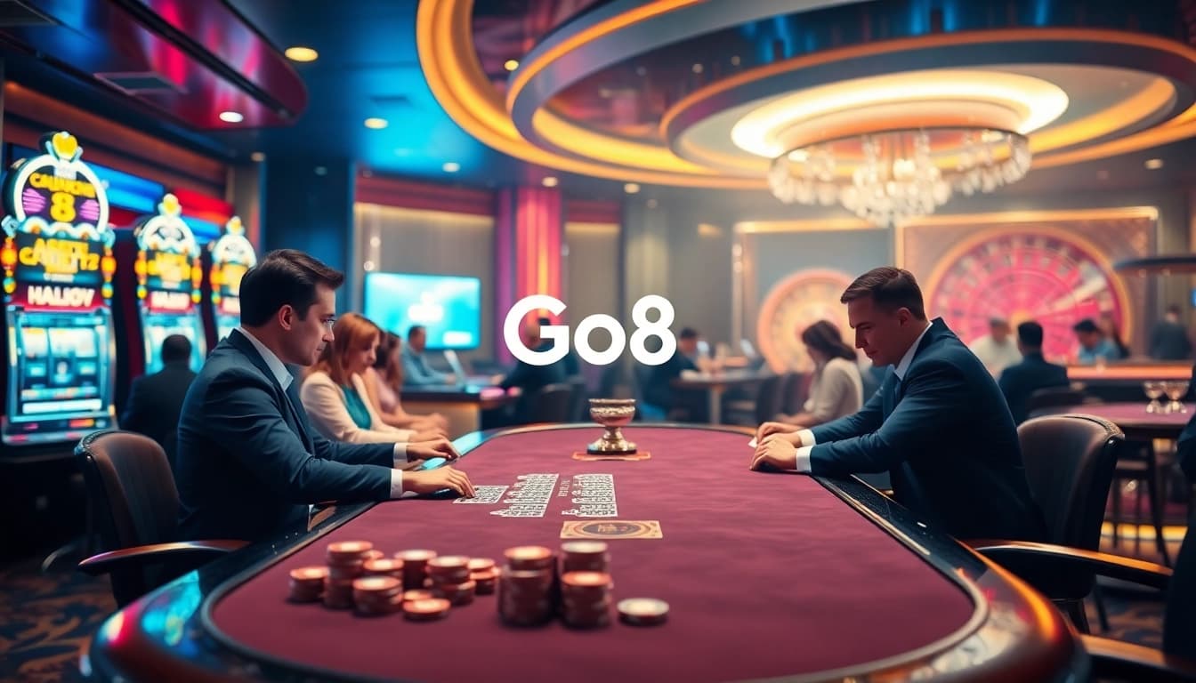 Players enjoy a luxurious casino experience at Go8 with vibrant tables and exciting games.