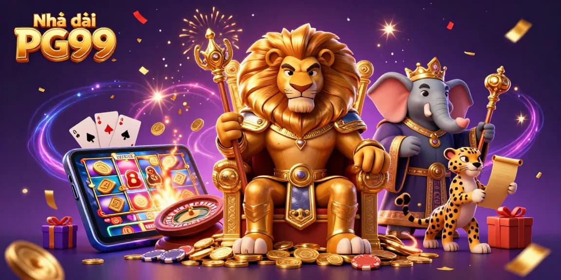 Experience the excitement at Nhà cái PG99 with a vibrant 3D casino scene featuring a lion king and games.