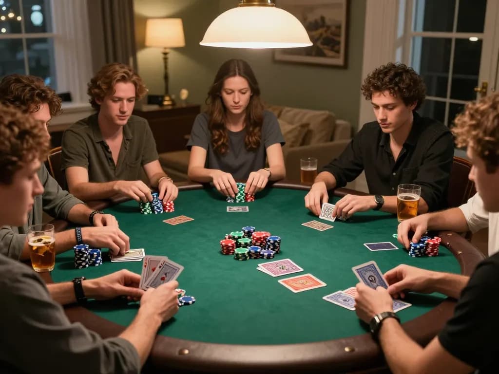 Friends enjoy a lively home poker game at dewagg, showcasing vibrant chips and cards.