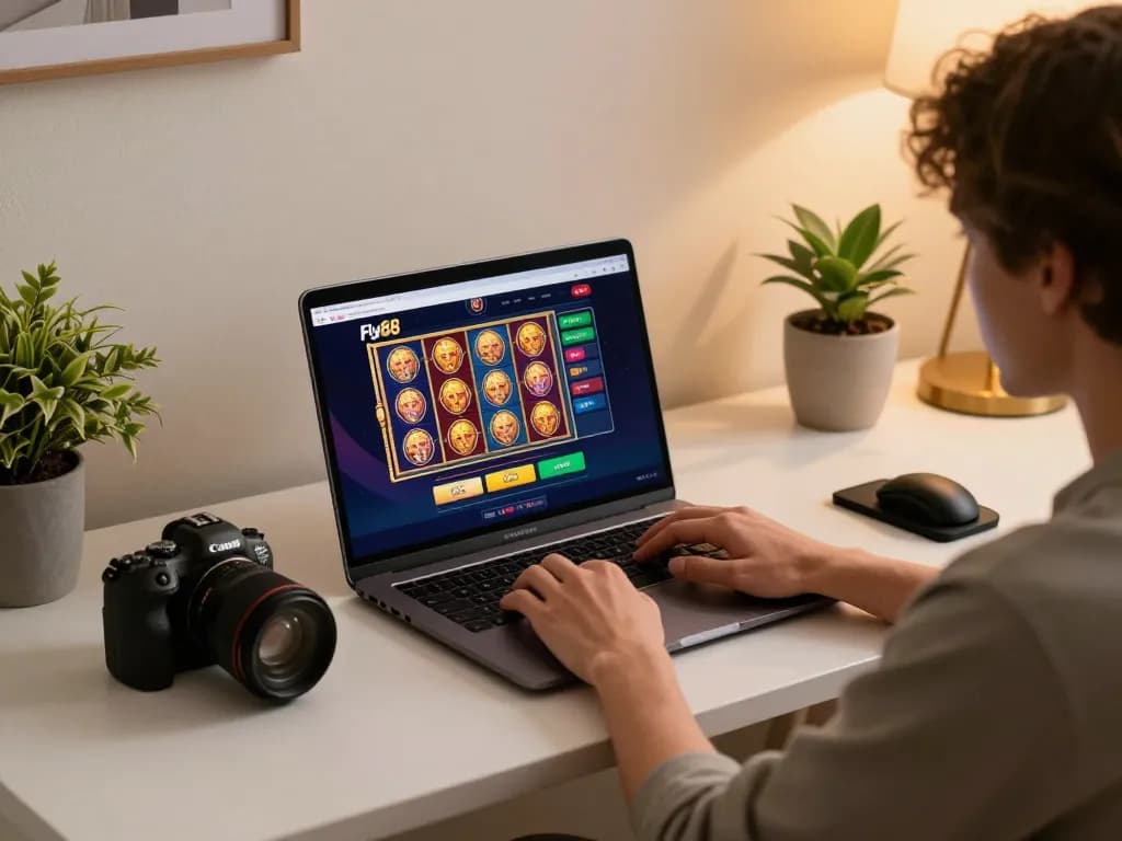 Engaging online gaming session at home with fly88 displayed on the laptop, reflecting a vibrant and immersive experience