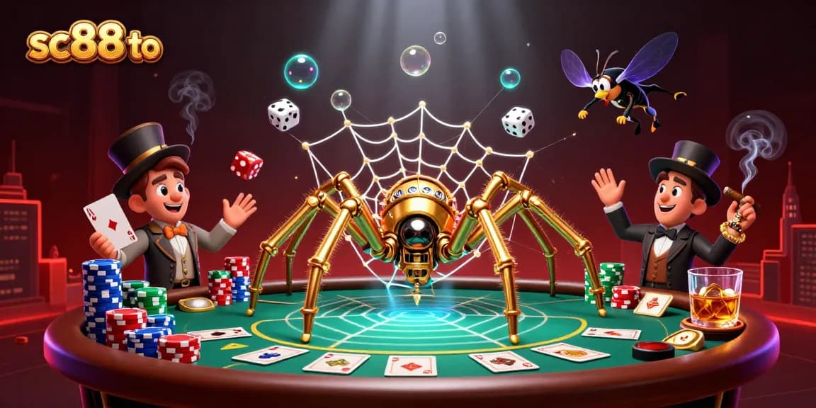 Engage with sc88 to at this vibrant casino scene featuring a steampunk spider and poker elements.