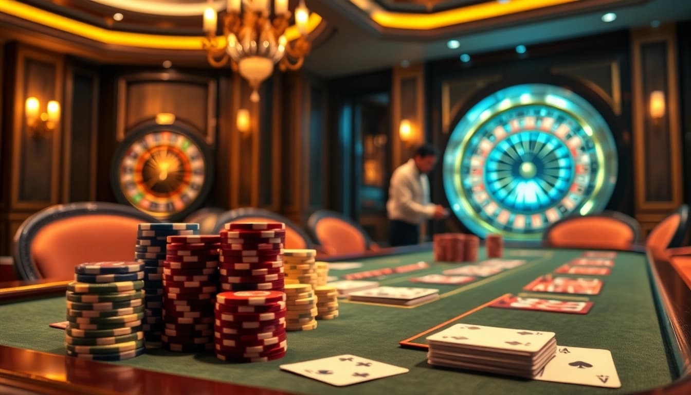 Experience the thrill of gambling at https://fly88.wtf/ with an exciting poker table scene featuring vibrant chips and cards.