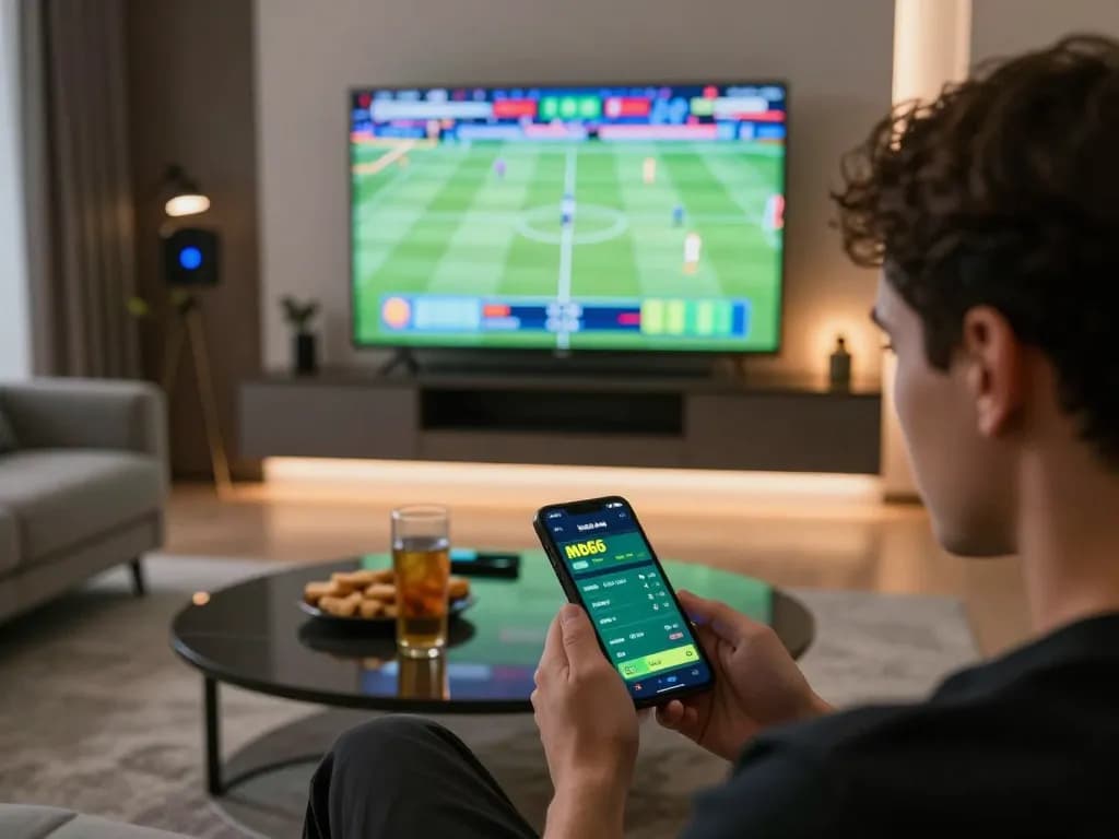 Engagement in mb66 sports betting through smartphone app in a cozy living room setup