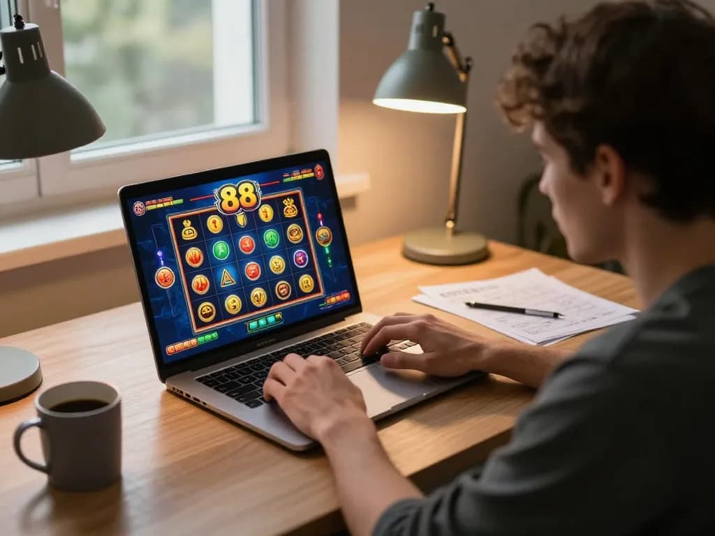 Player engaging with online slot88 game on laptop in cozy setting, jaeyongkim insights on responsible gambling