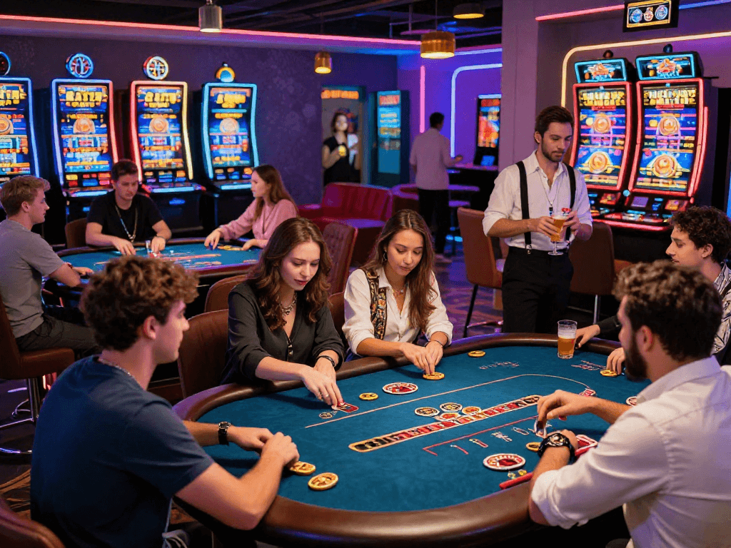 Exciting crypto casino atmosphere with diverse players engaging in high-tech games and digital screens.