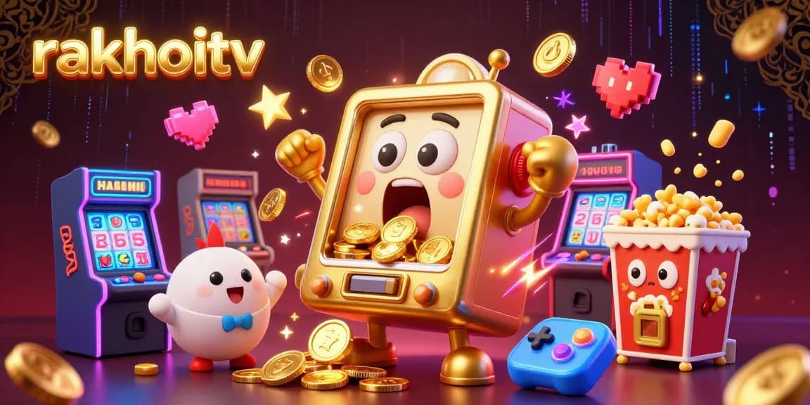 Experience the excitement of rakhoitv with a cartoon slot machine celebrating a jackpot amid colorful casino elements.
