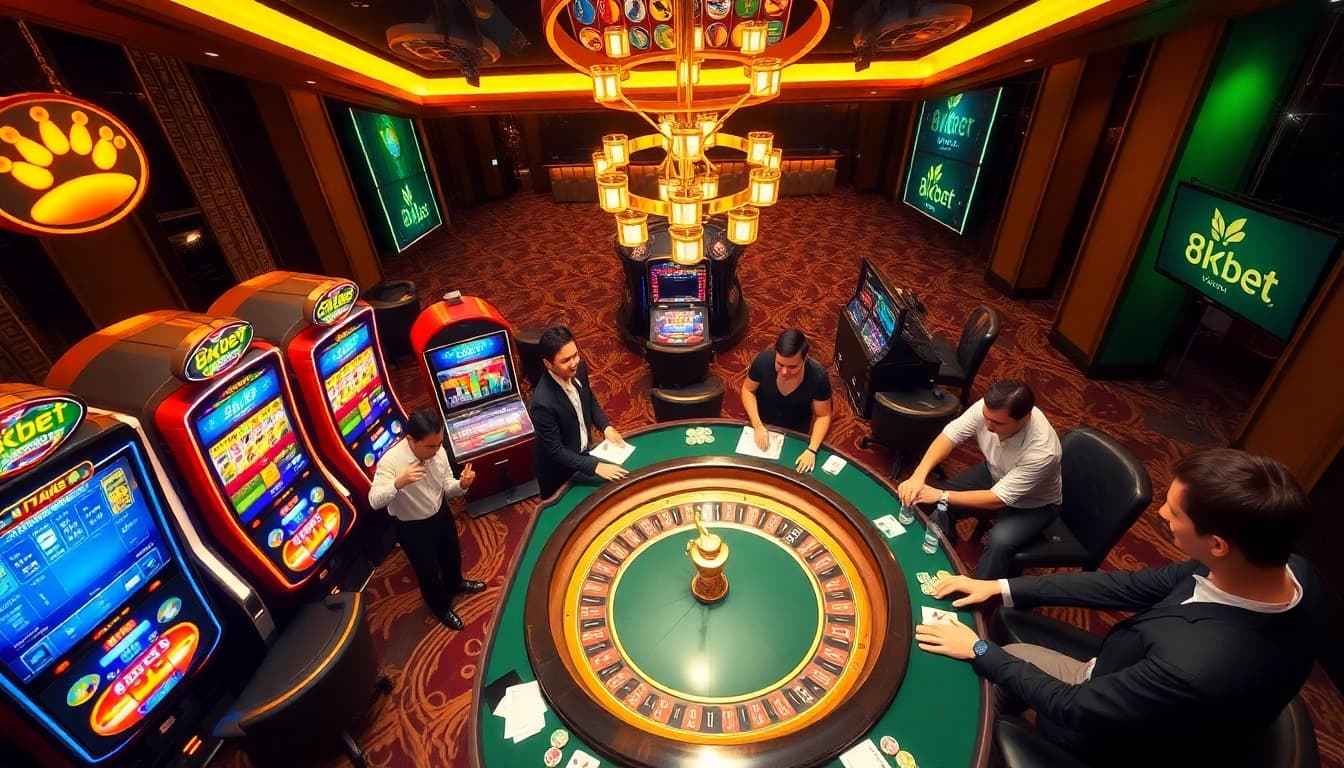 Action-packed gaming scene with players at nhà cái 8kbet's luxurious casino table.