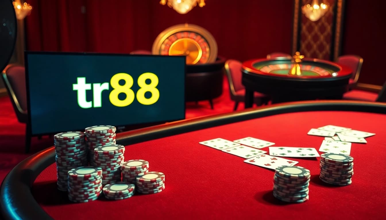Experience the excitement of tr88 casino gaming with poker chips and cards on a stylish game table.