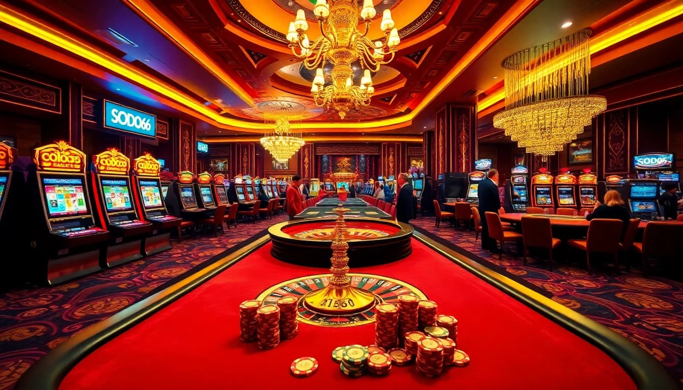 SODO66 gaming excitement with vibrant casino tables, poker chips, and roulette wheel.