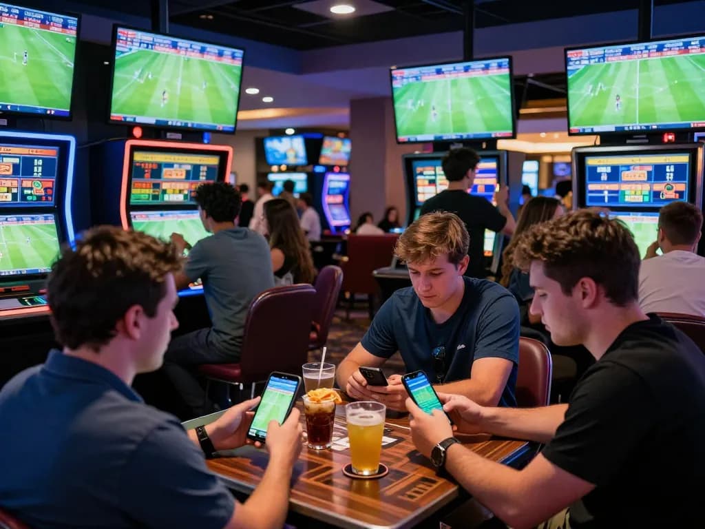 Footballl enthusiasts placing bets in a modern sports betting bar, displaying vibrant screens.