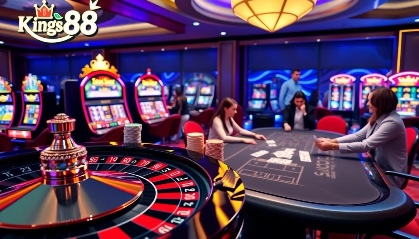 King88 players enjoying an exciting game at a vibrant slot machine in a luxurious casino environment.