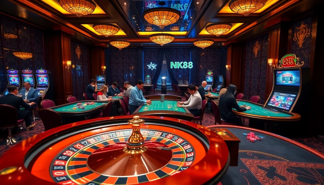 Explore the vibrant excitement of NK88's casino world with diverse gaming tables and lively players.