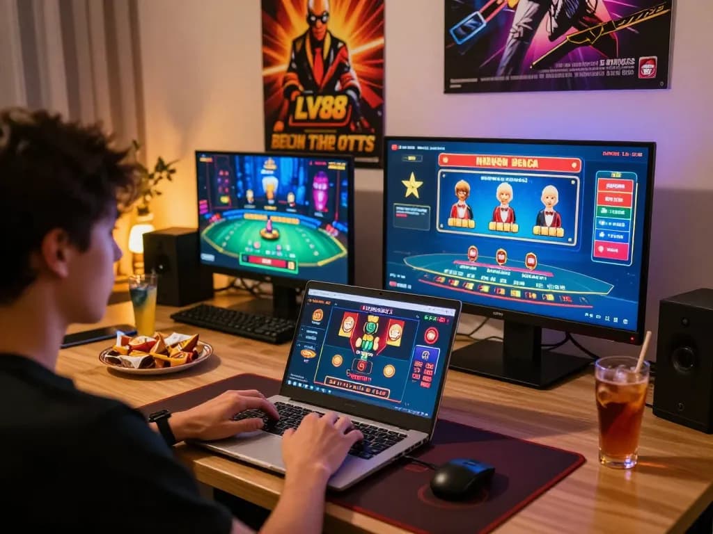 Player enjoying LV88 online casino games on a laptop, surrounded by snacks and drinks.