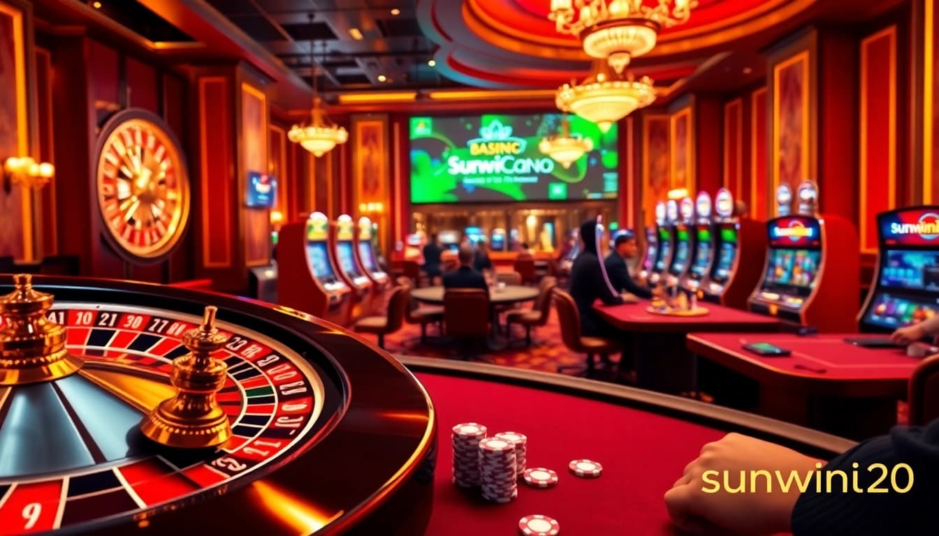 Experience the thrill of sunwin20 with an exciting scene of poker gameplay and vibrant casino elements.