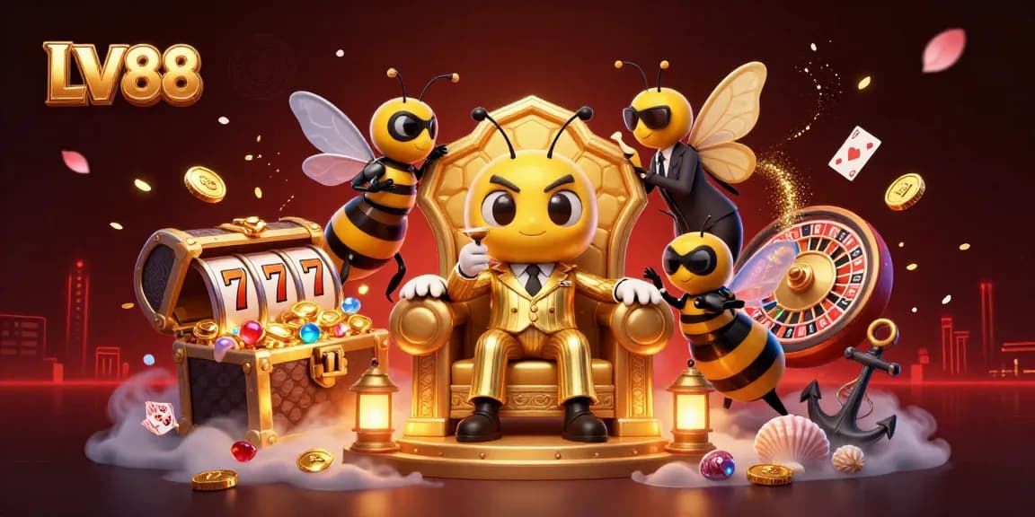 Experience the thrill of LV88 casino with a vibrant illustration of a bumblebee mob boss and gaming elements.