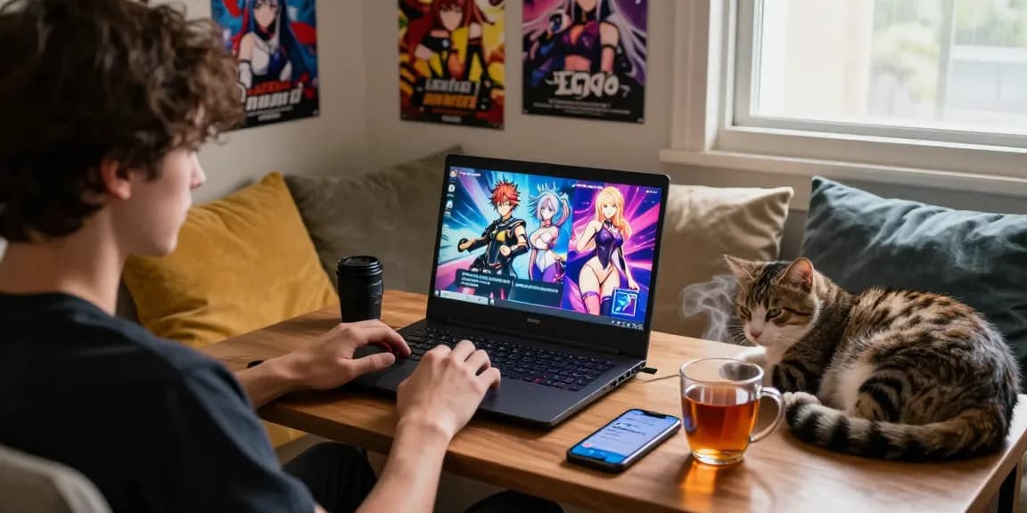 Cozy gaming setup showcasing free ecchi games on a laptop in a comfortable setting.