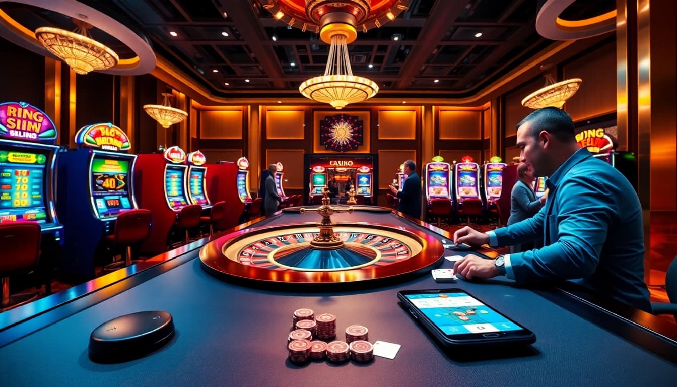 Exciting casino scene showcasing LC88 with roulette and slot machines in an illuminated environment.