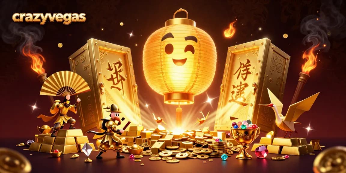Experience the magical world of crazyvegas with a vibrant casino illustration showcasing golden treasures and charming characters.