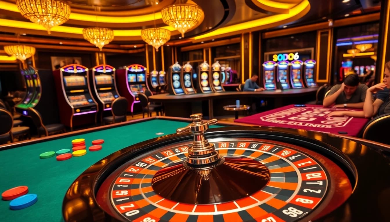SODO66 casino ambiance showcasing thrilling games, lively roulette wheel, and eager players.