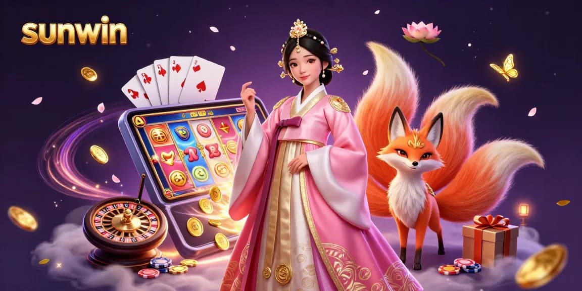 Experience the fun at sunwin with a vibrant illustration of a graceful Asian woman and a lucky fox surrounded by casino elements.