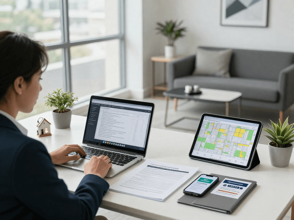 Real estate agent utilizing IDXSTAR system in a bright office workspace.
