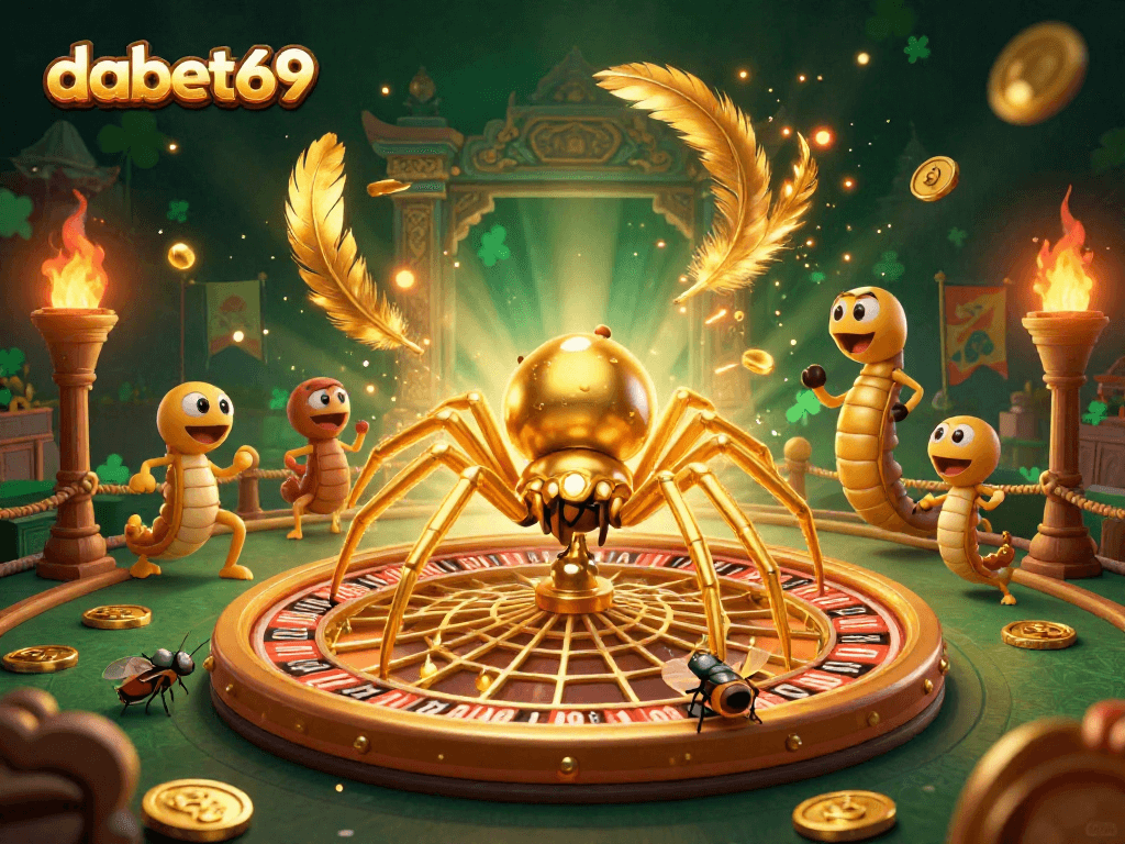 dabet69 presents a vibrant scene of a golden spider and centipede croupier in a captivating casino setting, engaging players.