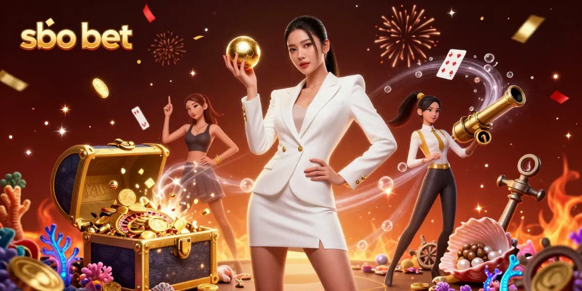 Engage in the excitement of sbo bet with a stunning illustration of a confident Asian woman celebrating casino wins amidst sparkling treasures.