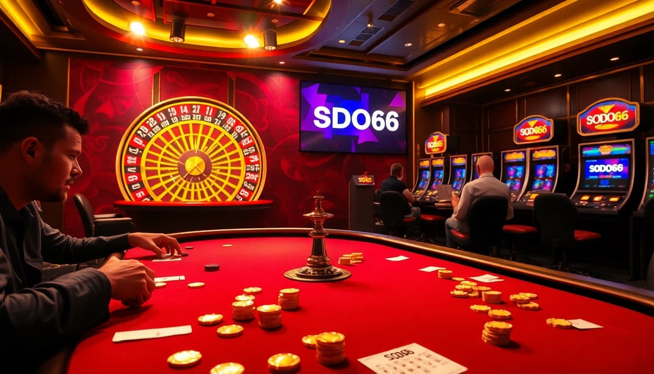 SODO66 casino scene showcasing high-stakes poker, roulette wheel, and vibrant slot machines
